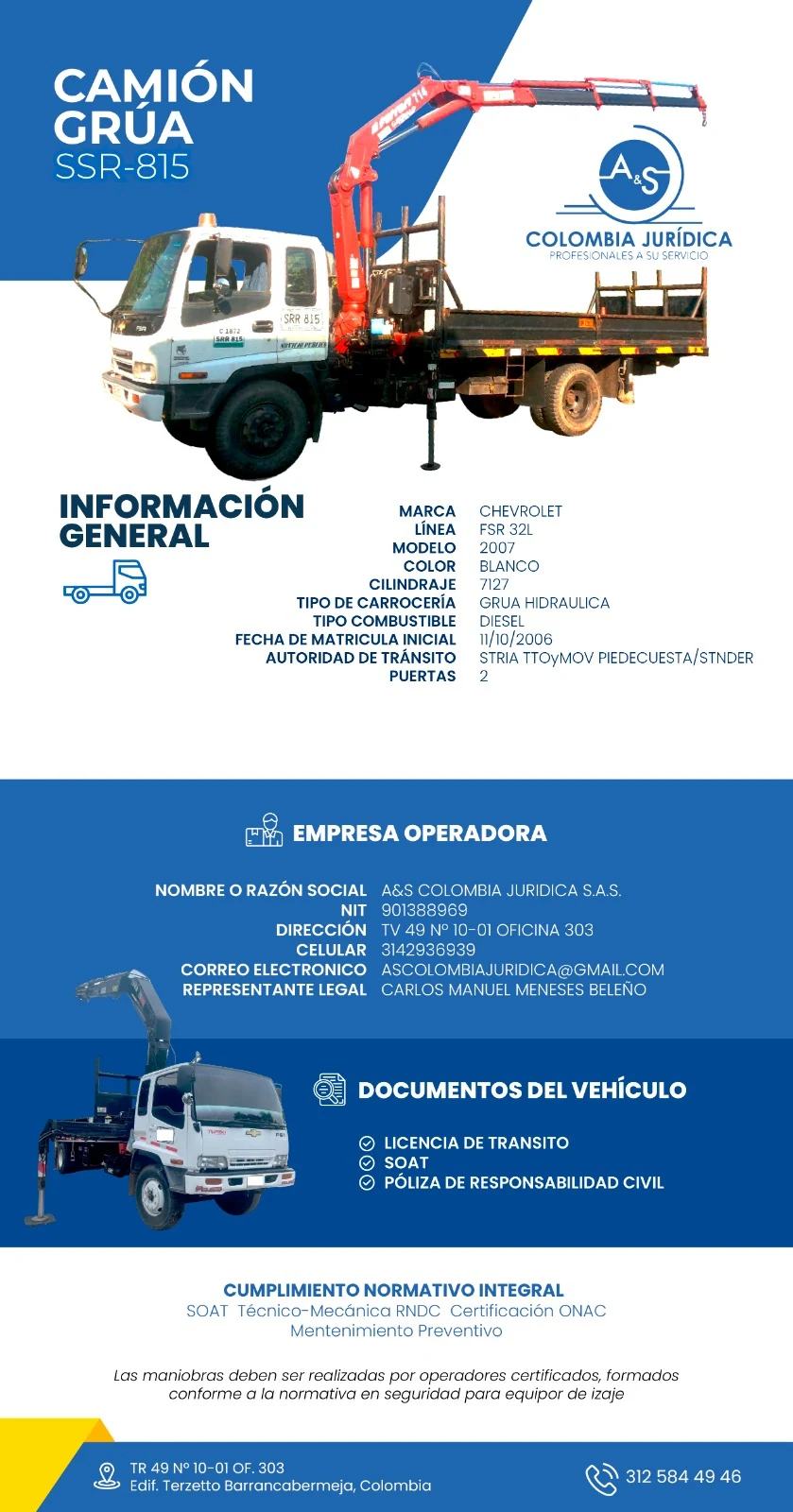 Ficha técnica de camión grúa SSR-815 de A&S Colombia Jurídica