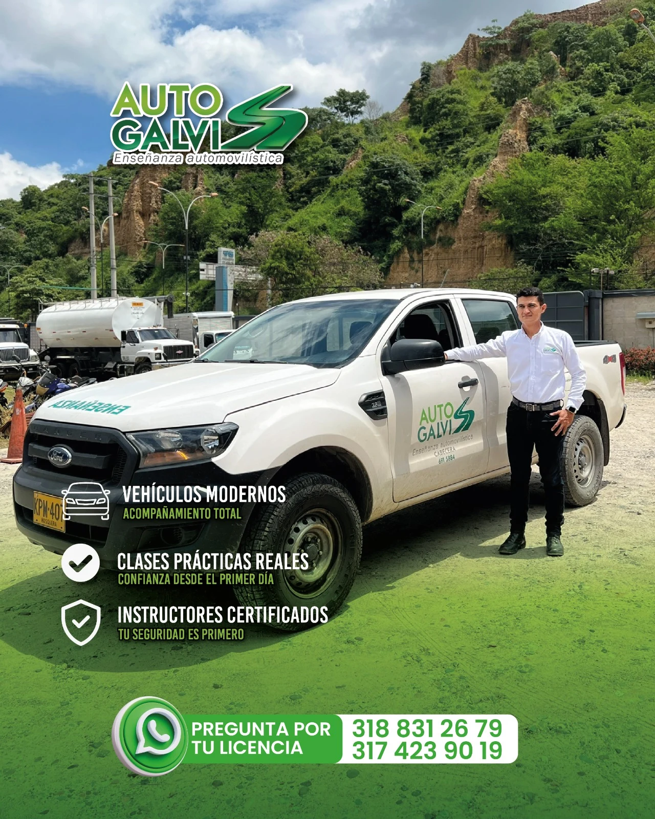 Pieza promocional de Auto Galvis con camioneta e información de clases prácticas