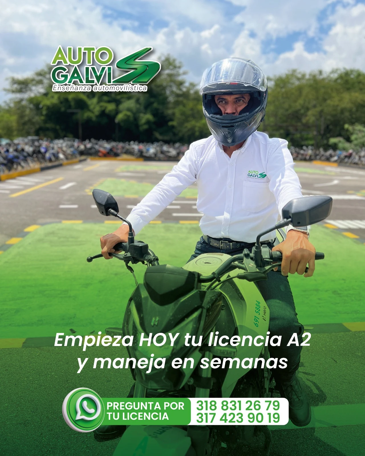 Pieza promocional de Auto Galvis para licencia A2 en motocicleta