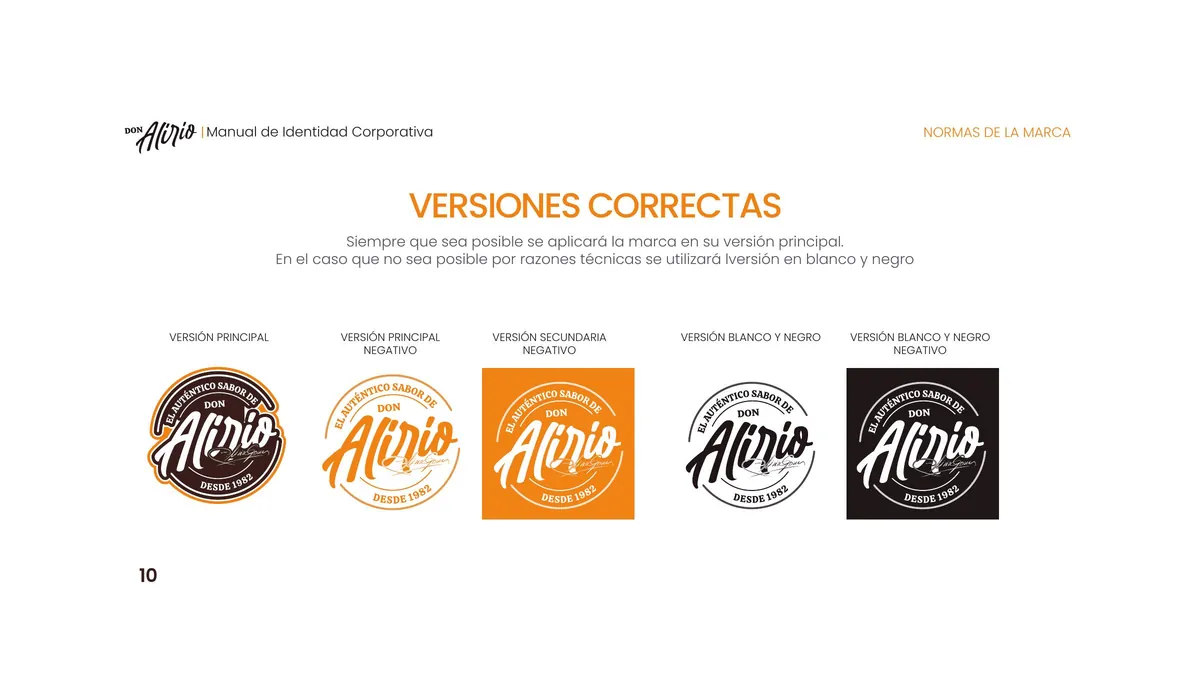 Página 10 del manual de identidad corporativa Don Alirio