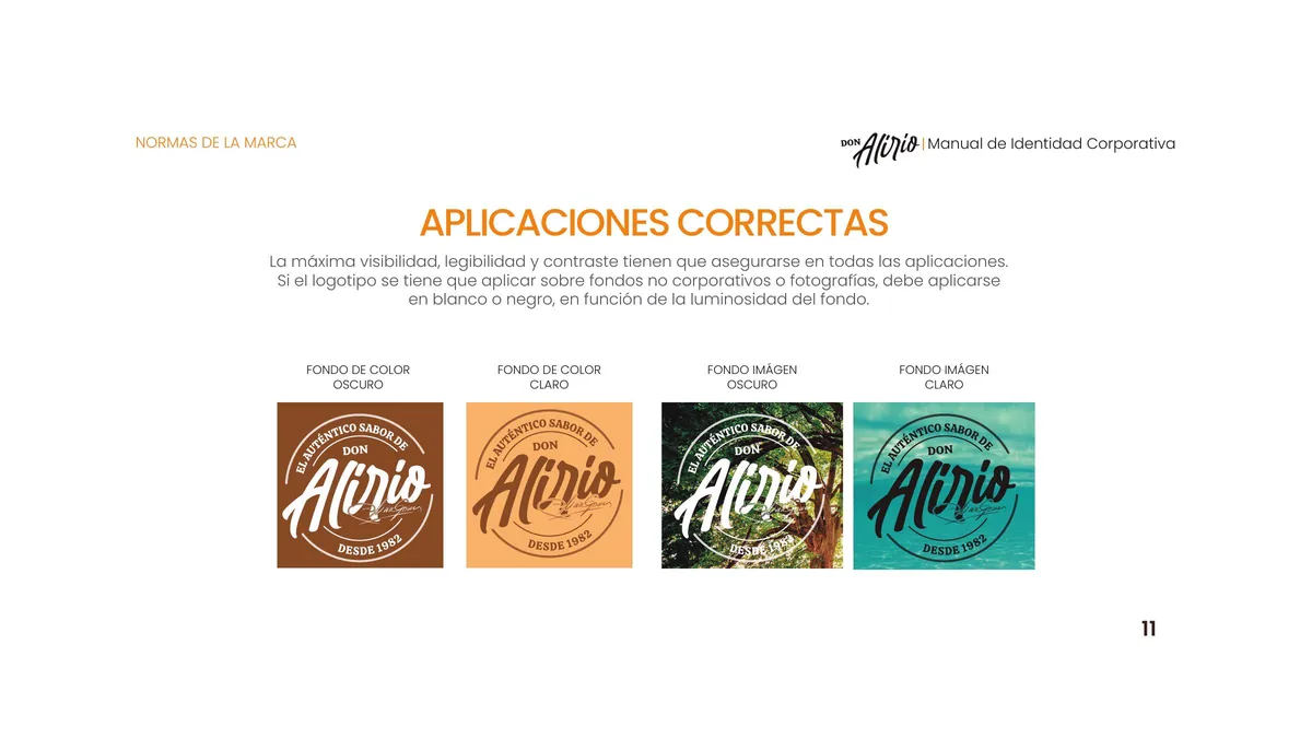 Página 11 del manual de identidad corporativa Don Alirio