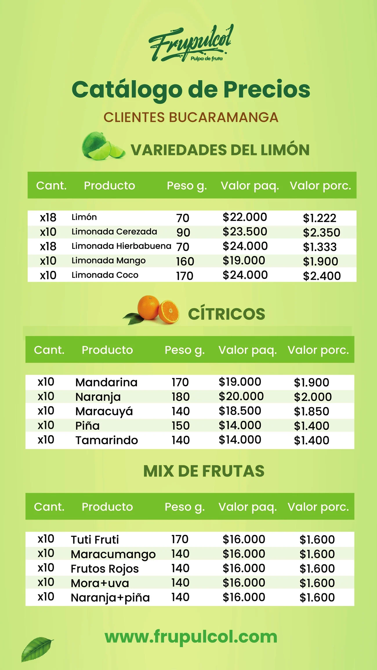 Catálogo de precios Frupulcol clientes Bucaramanga página 1