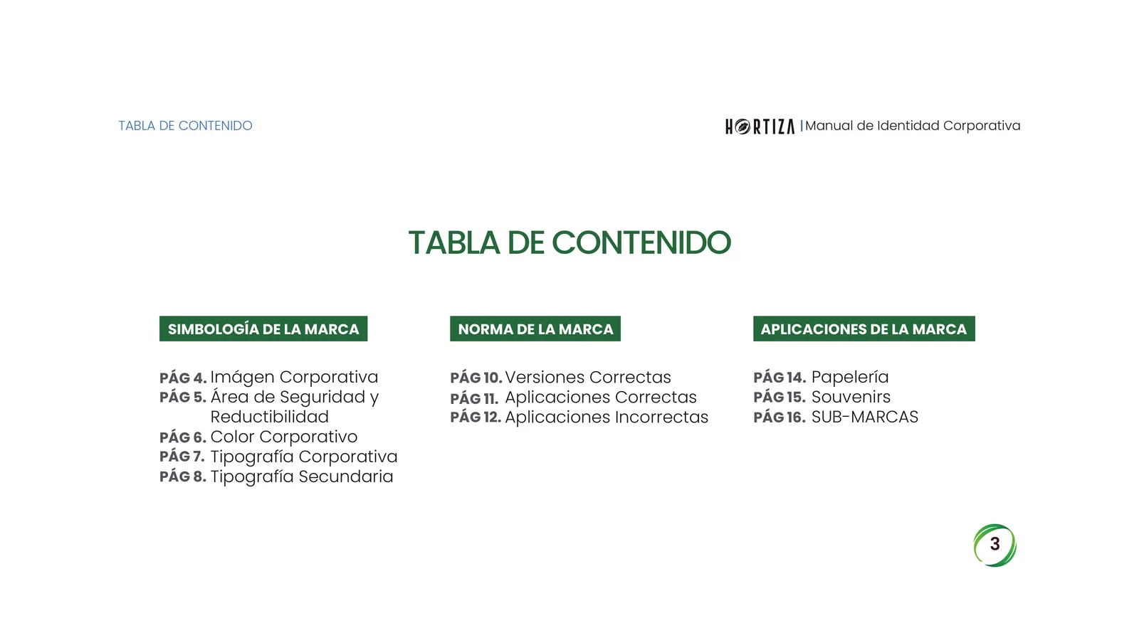 Página 3 del manual de identidad corporativa Hortiza