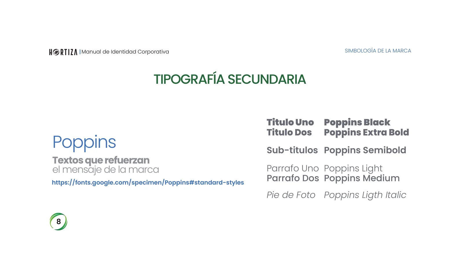 Página 8 del manual de identidad corporativa Hortiza