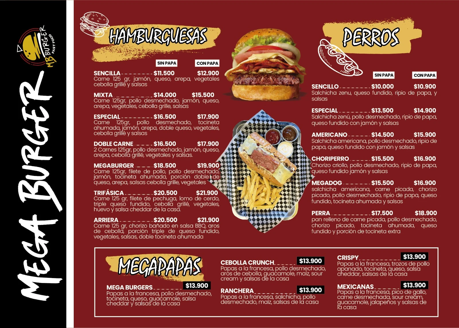 Menú MB Burger hamburguesas, perros y megadas