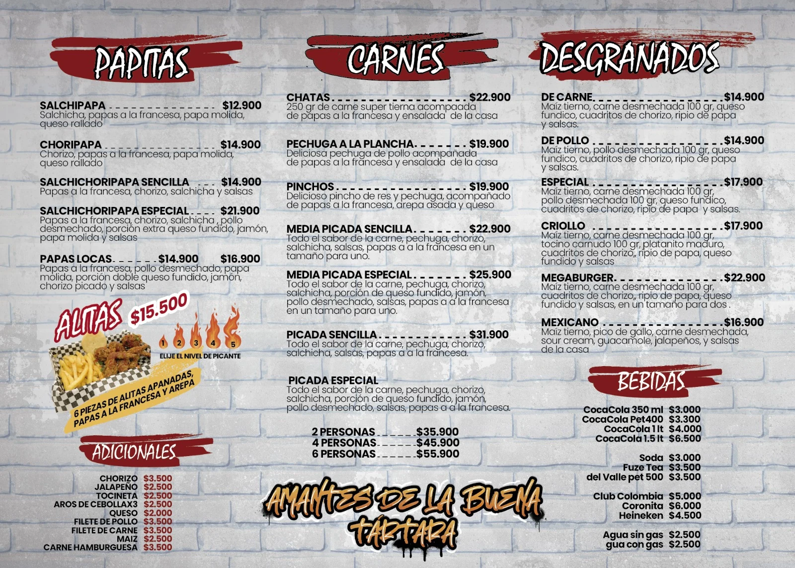 Menú MB Burger papitas, carnes, desgranados y bebidas