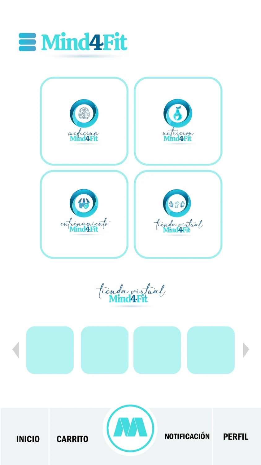 Pantalla Mind4Fit tienda virtual y categorías