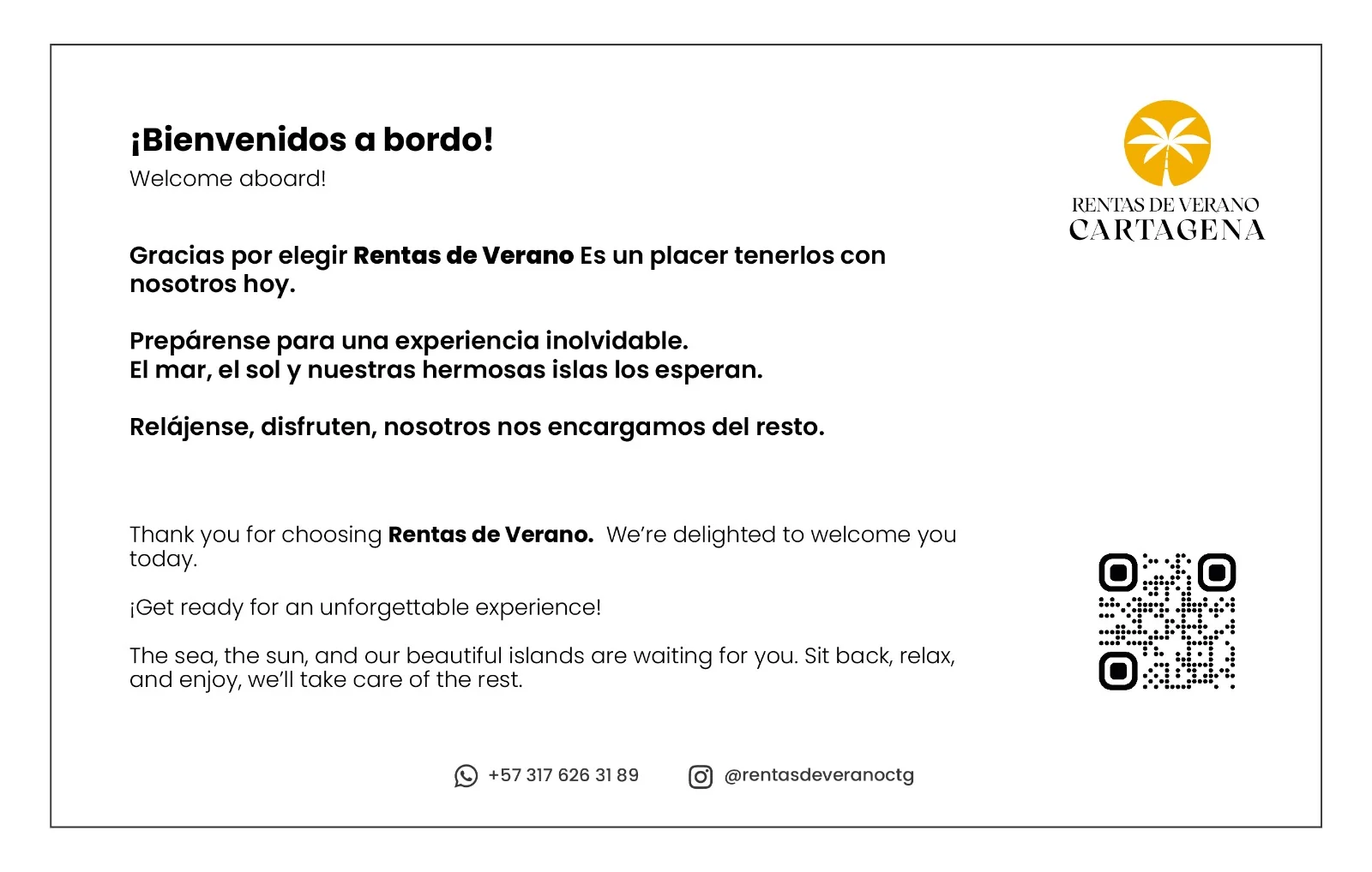 Pieza de bienvenida bilingüe de Rentas de Verano Cartagena