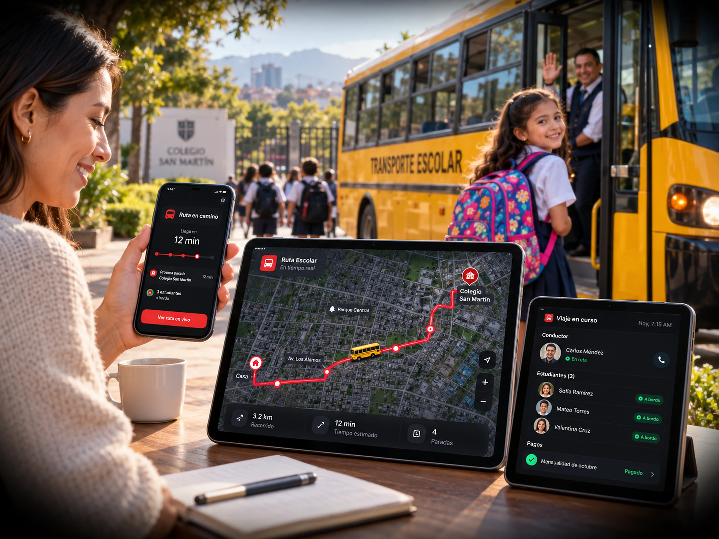 Bus escolar con panel de control y aplicación móvil CREA